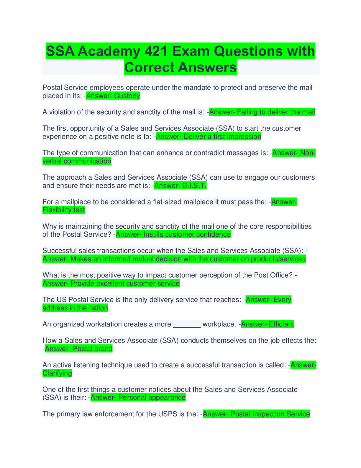 Preview of SSA Academy 421 Exam Questions with Correct Answers